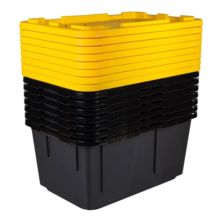 Studio photo of nested black and yellow moving totes